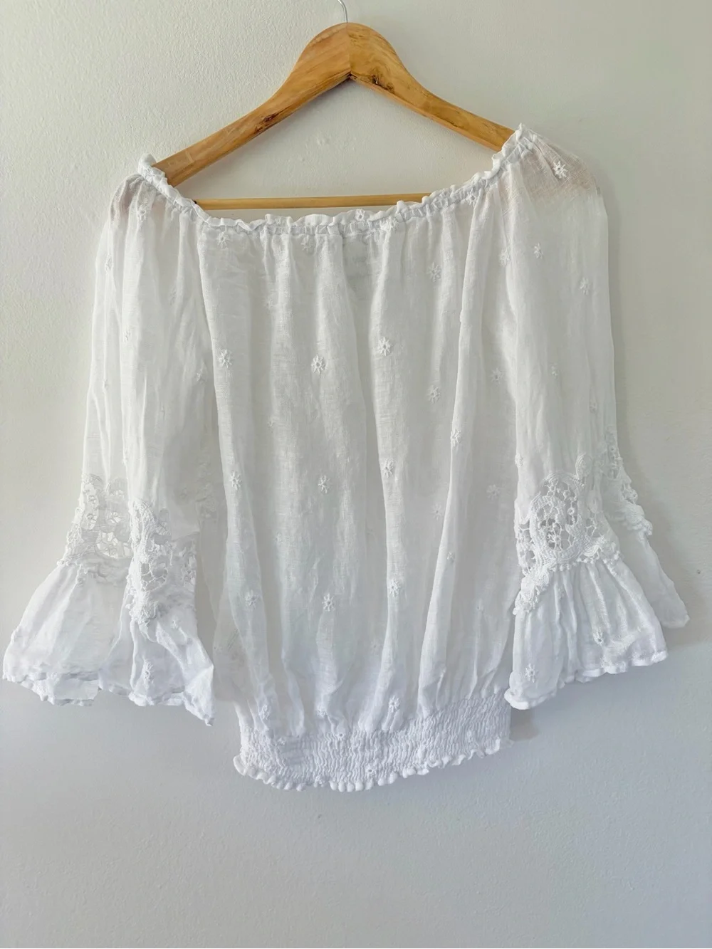 Temptations‎ Positano White Linen Off The Shoulder Crochet Lace Boho Peasant Top